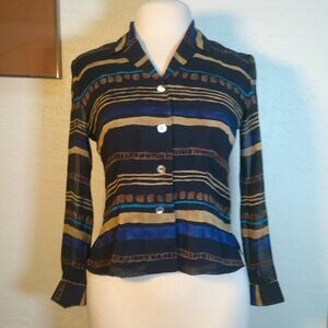 Dona Buchman Blouse Top Petite 4 Stripe Lined 100% Silk Button Front Long Sleeve